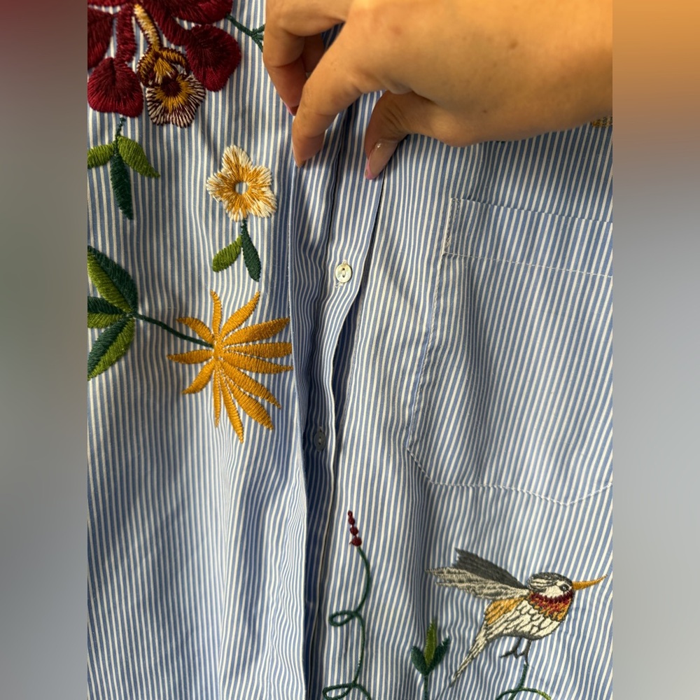 ZARA Woman Blue Striped Embroidered Shirt XS | Floral Bird Button Down Tunic Top - Picture 5 of 8